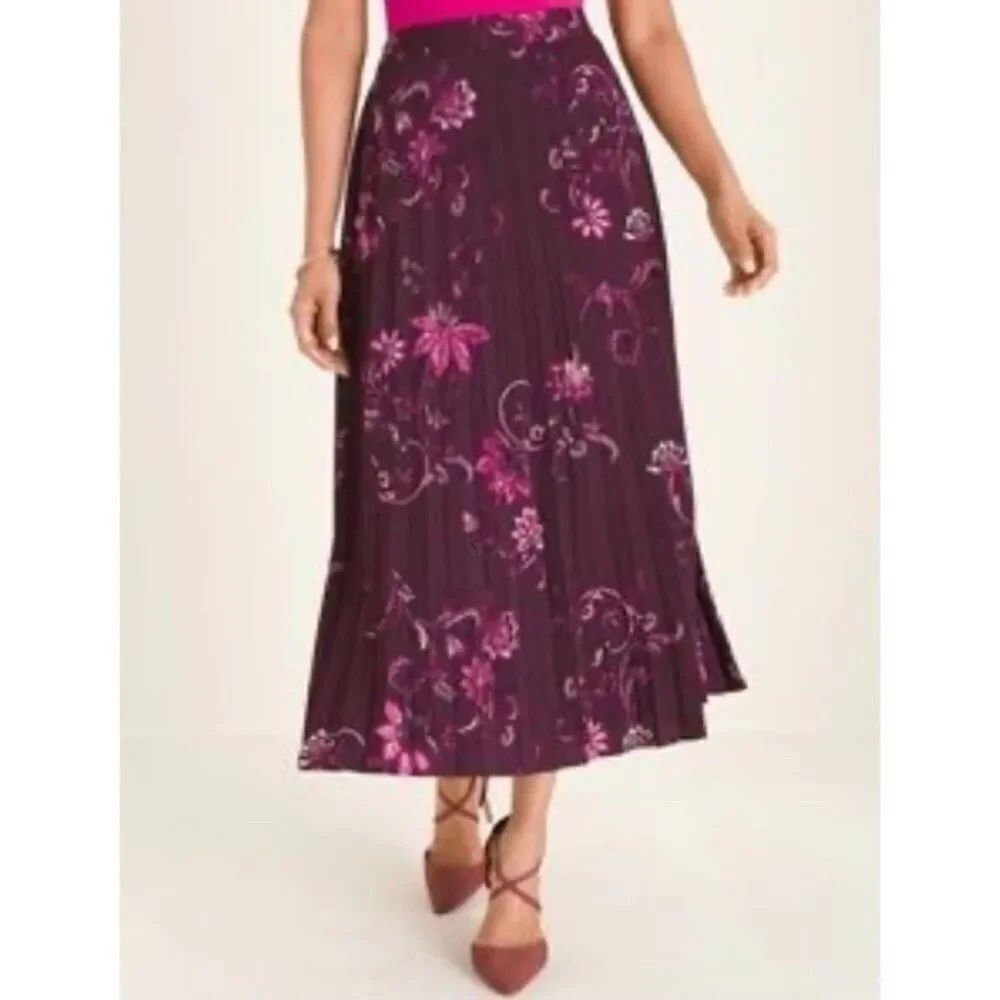 Chicos Design 0.5 or Size 6 Wine Pink Print Pleated Midi Skirt Lined NWT $119
